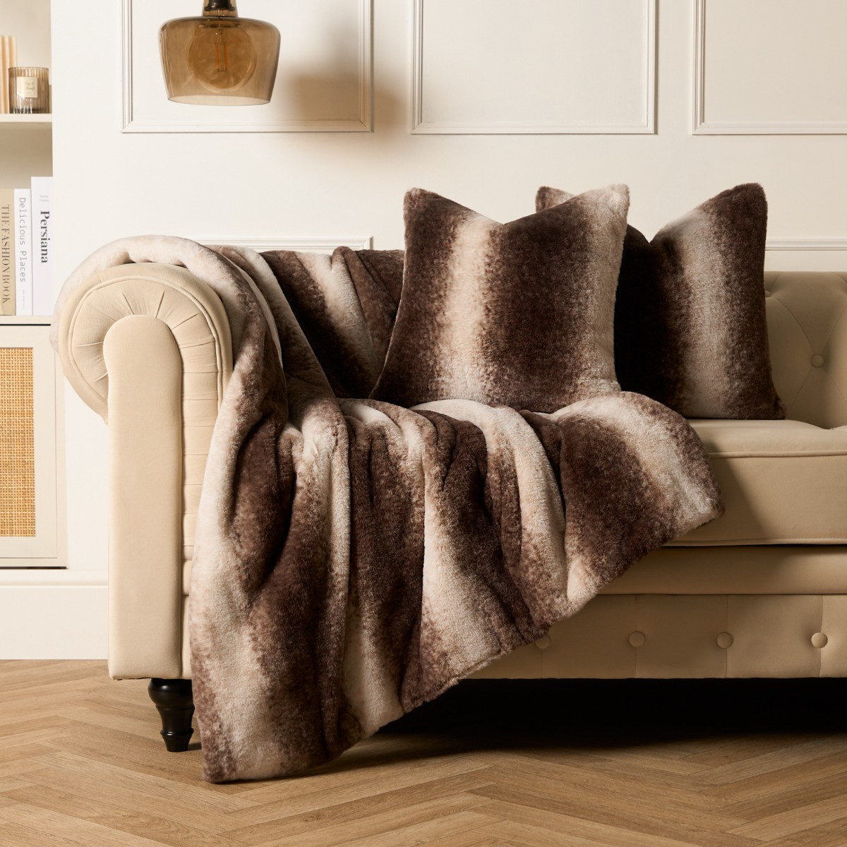 OHS Faux Fur Stripe Throw - Brown>