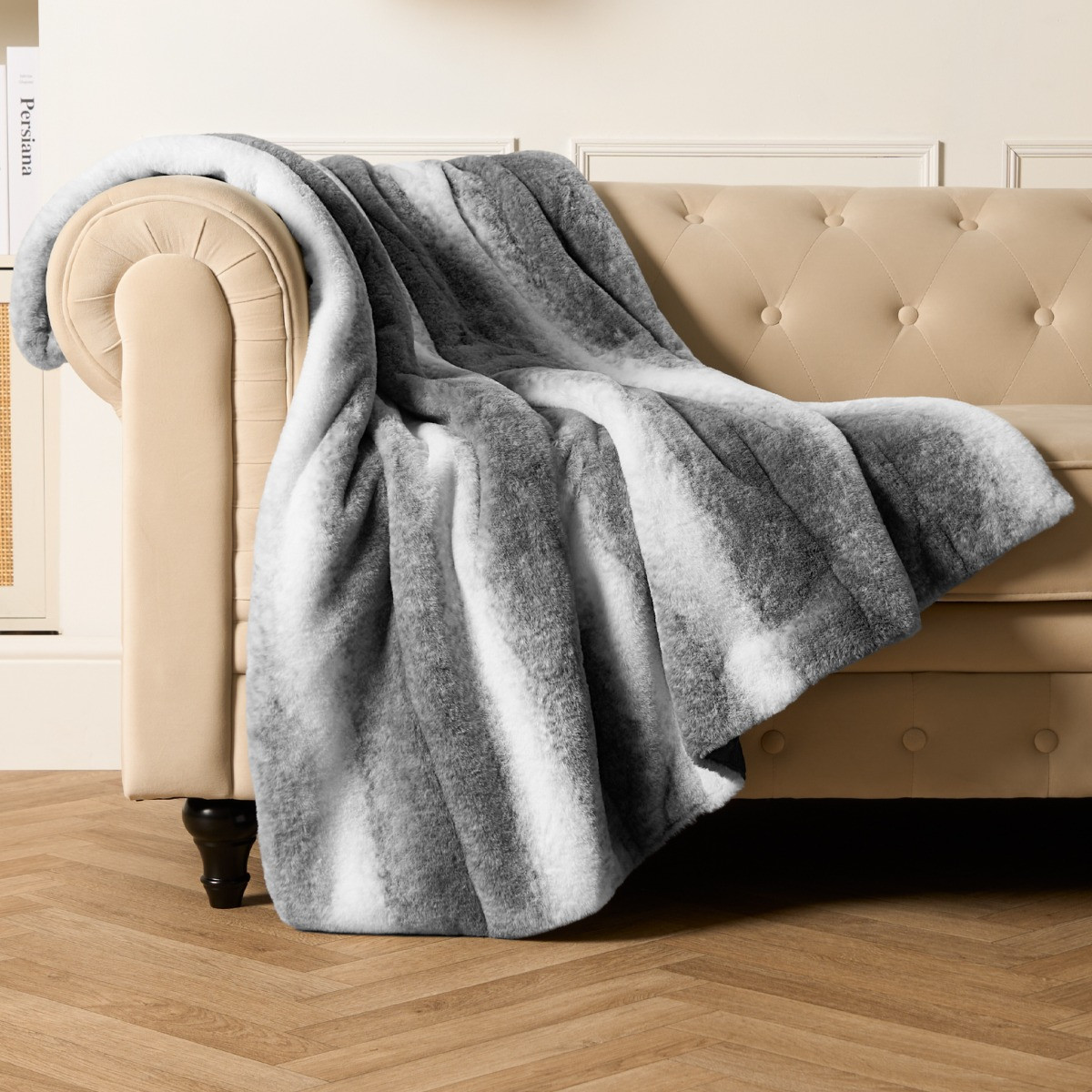 OHS Faux Fur Stripe Throw - Grey>