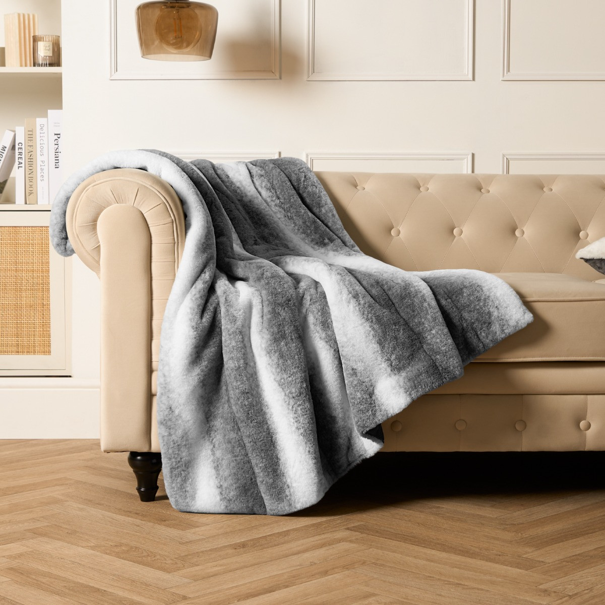 OHS Faux Fur Stripe Throw - Grey>