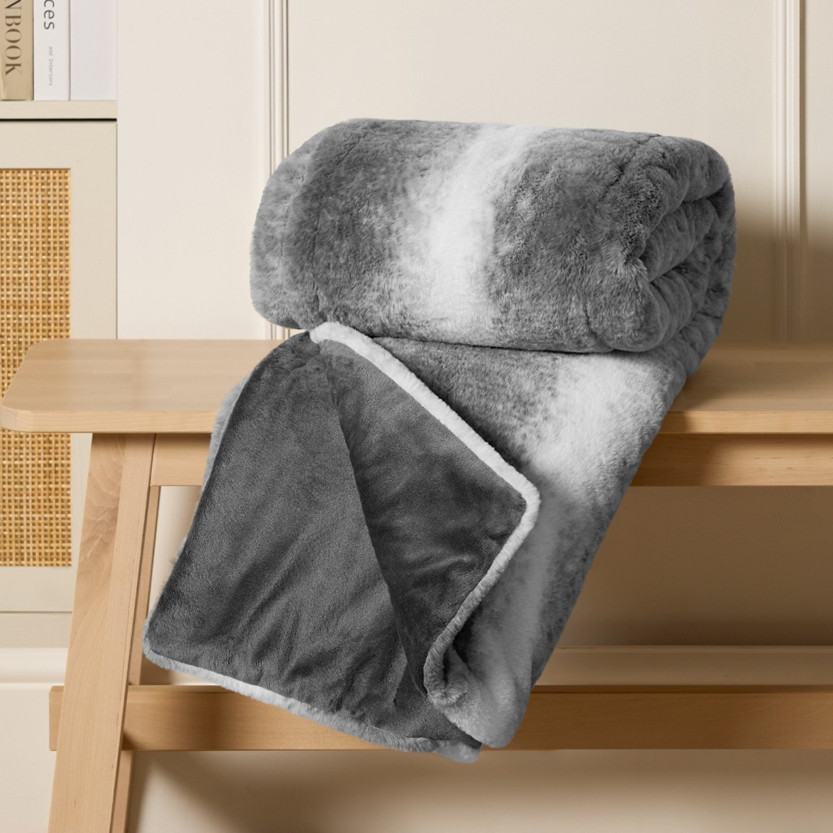 OHS Faux Fur Stripe Throw - Grey>