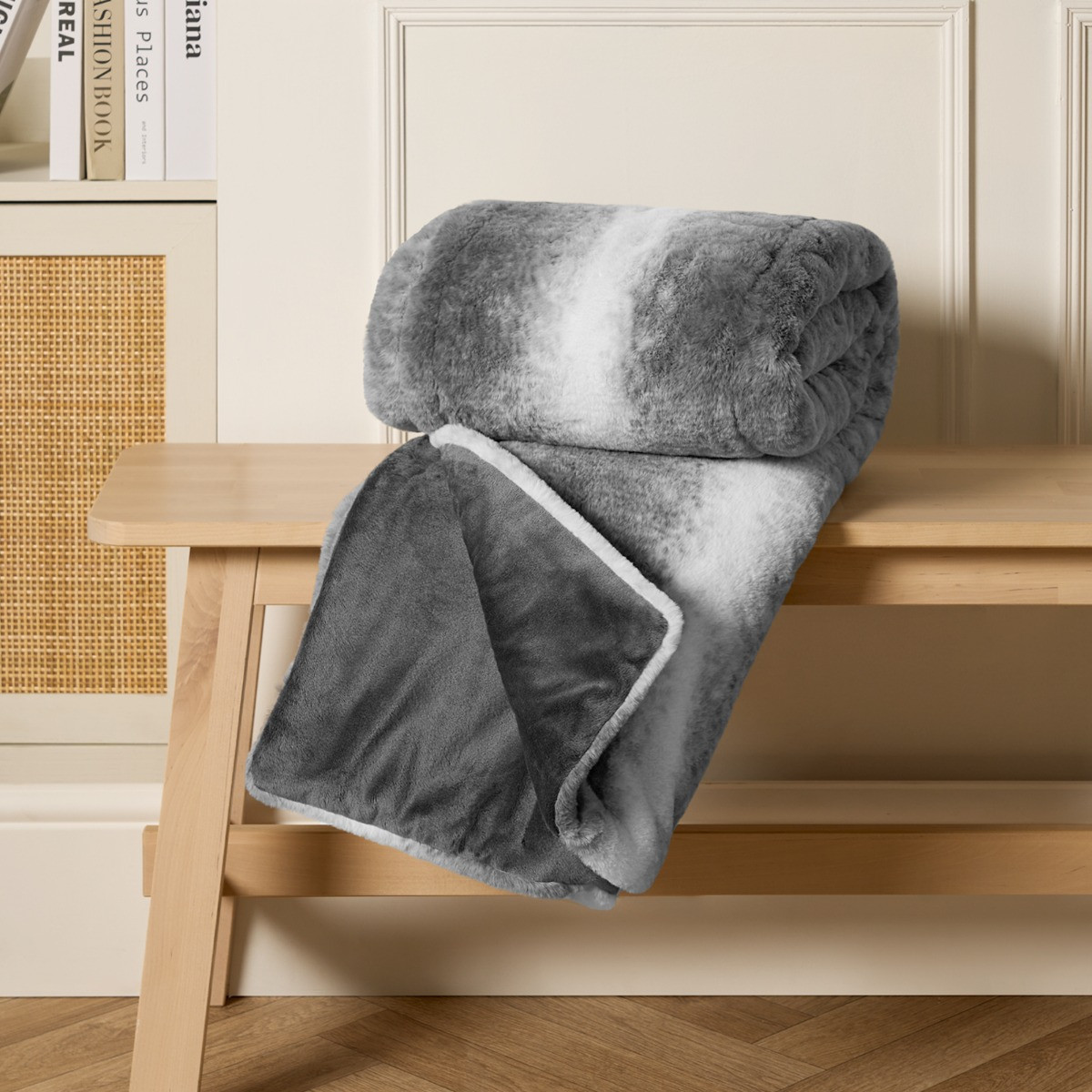 OHS Faux Fur Stripe Throw - Grey>