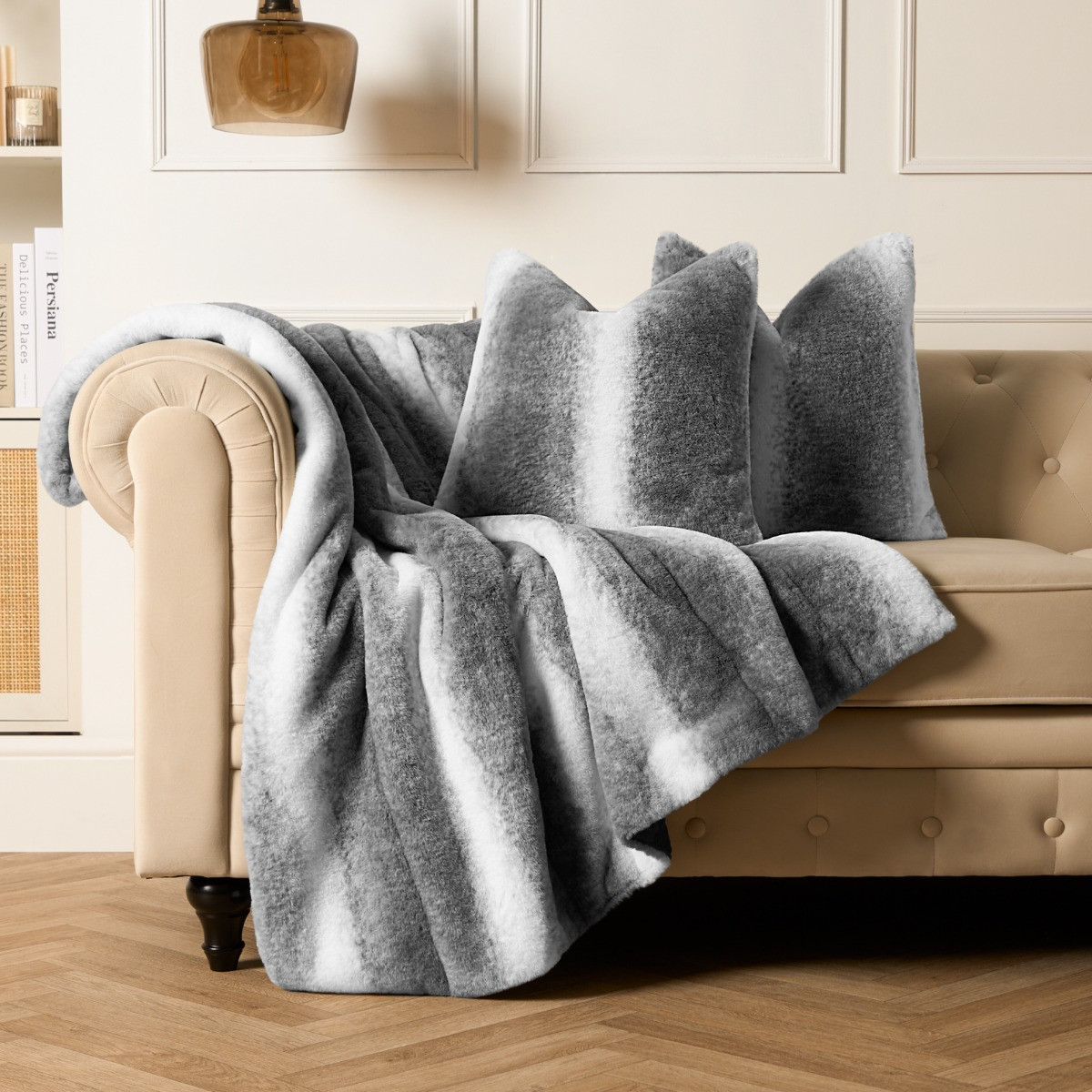 OHS Faux Fur Stripe Throw - Grey>