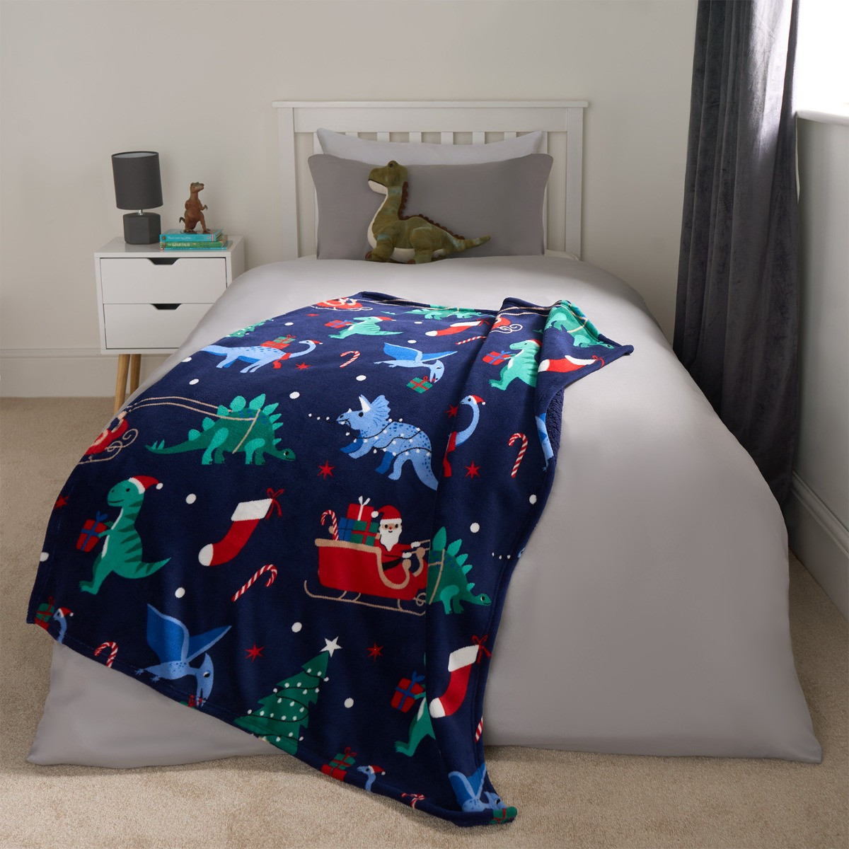 OHS Christmas Dinosaur Printed Throw - Navy>