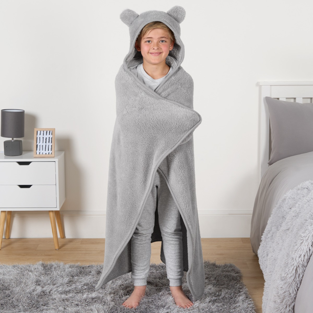 OHS Kids Teddy Hooded Blanket - Grey>