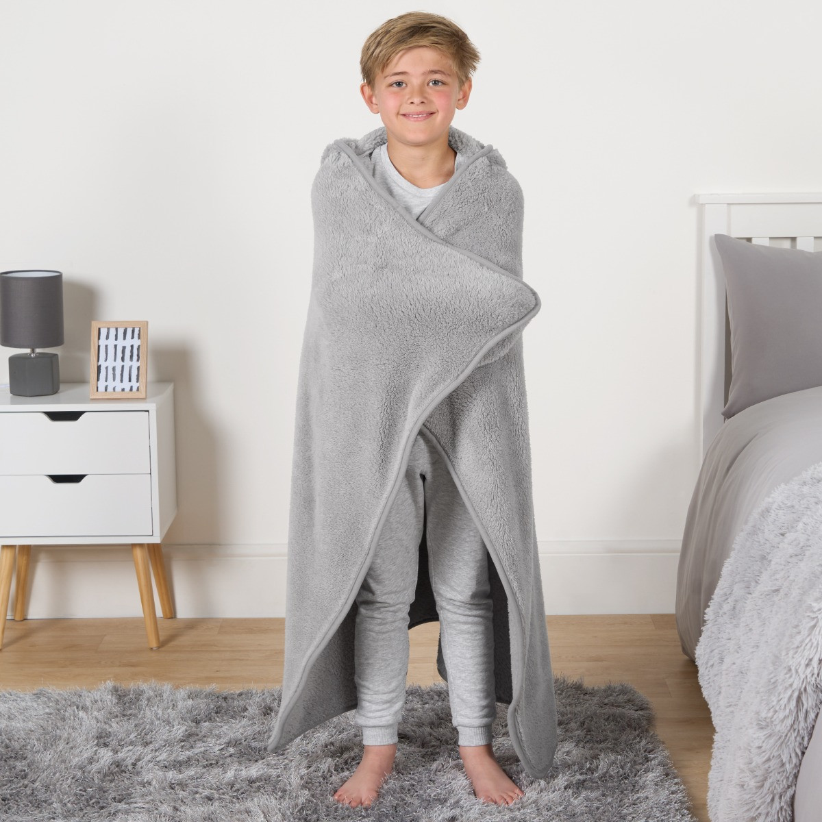 OHS Kids Teddy Hooded Blanket - Grey>