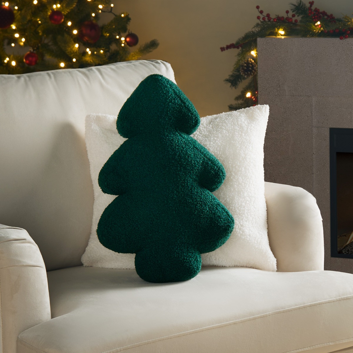 OHS Winter Tree Boucle Stuffed Cushion Green