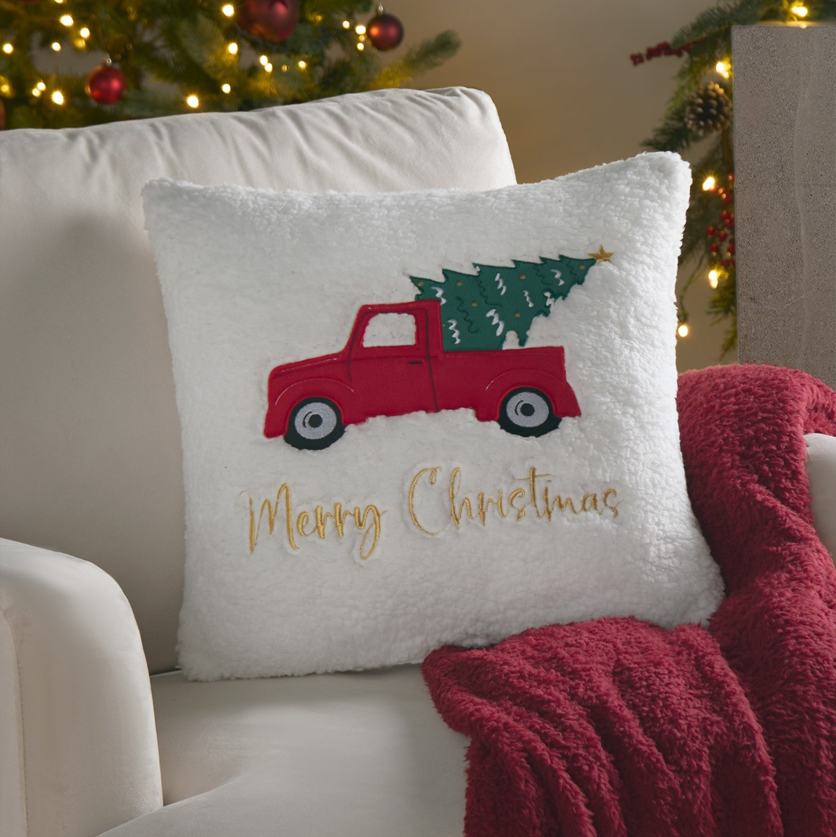 OHS Home For Christmas Truck and Tree Sherpa Cushion - White>