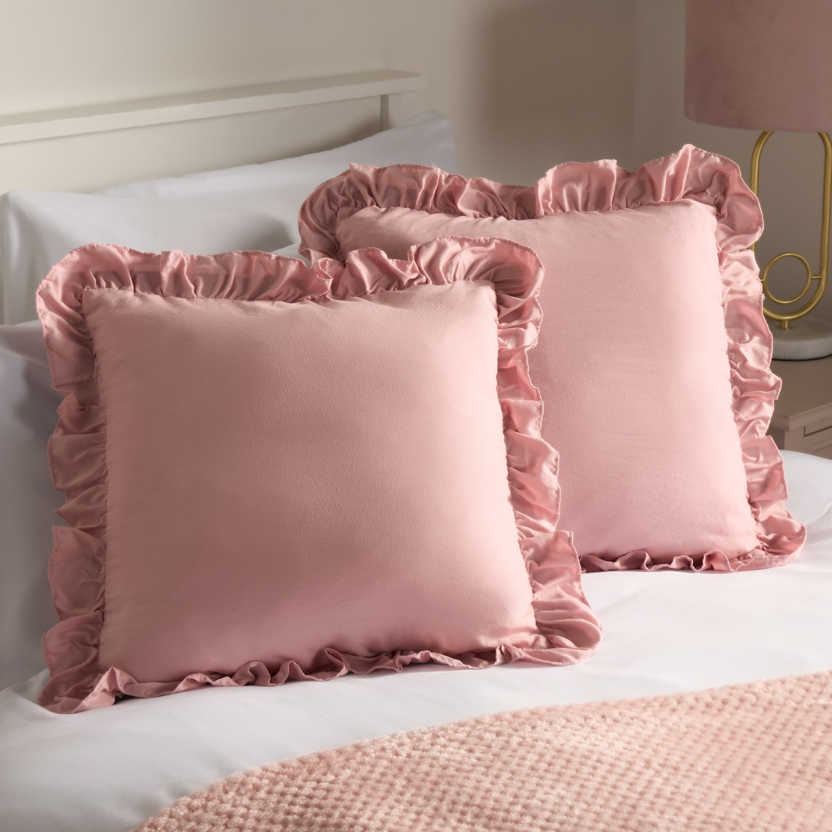 Highams Linen Look Frill Cushion Covers - Blush>