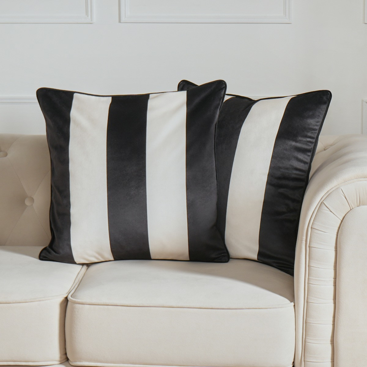 OHS Matte Velvet Stripe Print Cushion Covers - Monochrome>