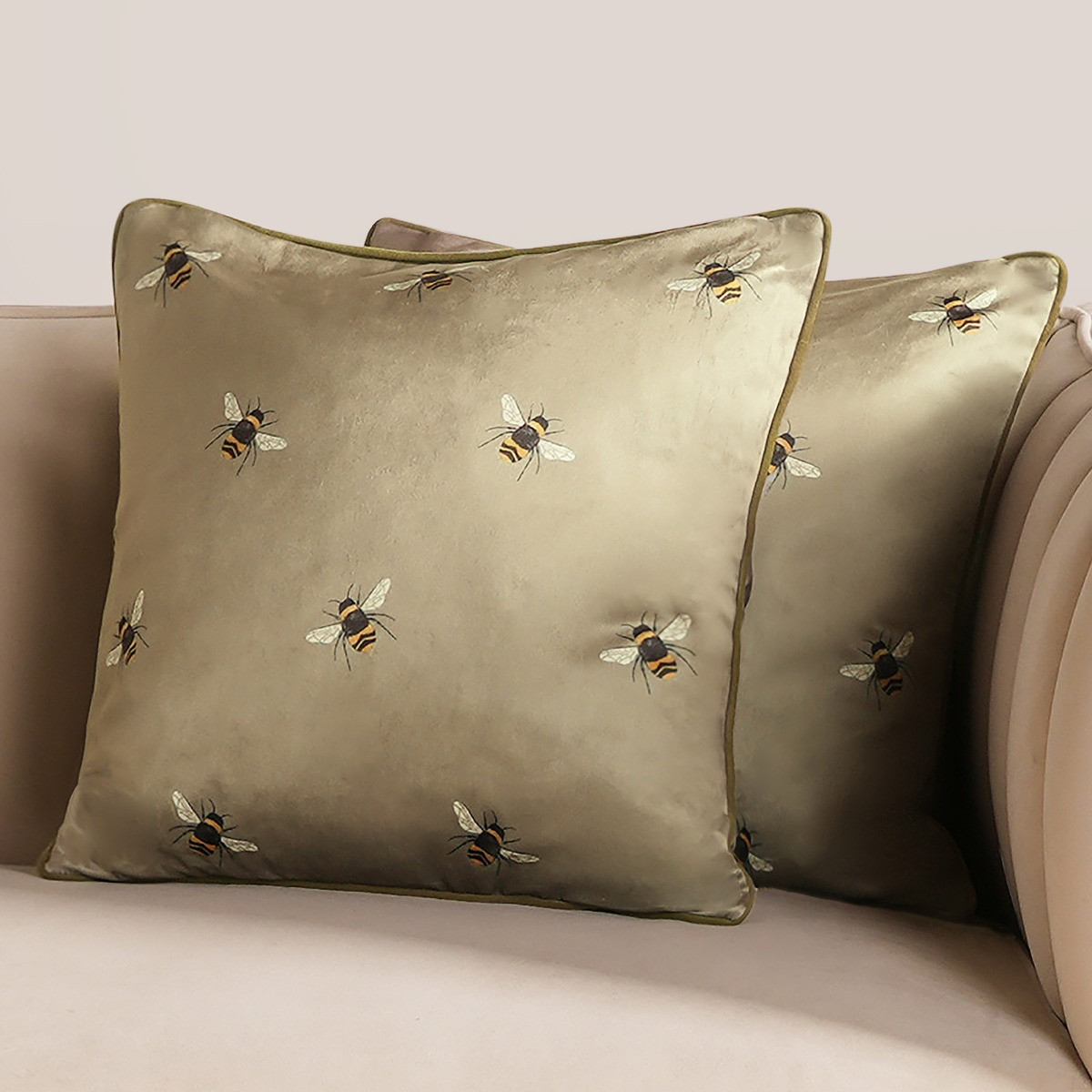 OHS Matte Velvet Bee Print Cushion Covers, Sage - 45 x 45cm >