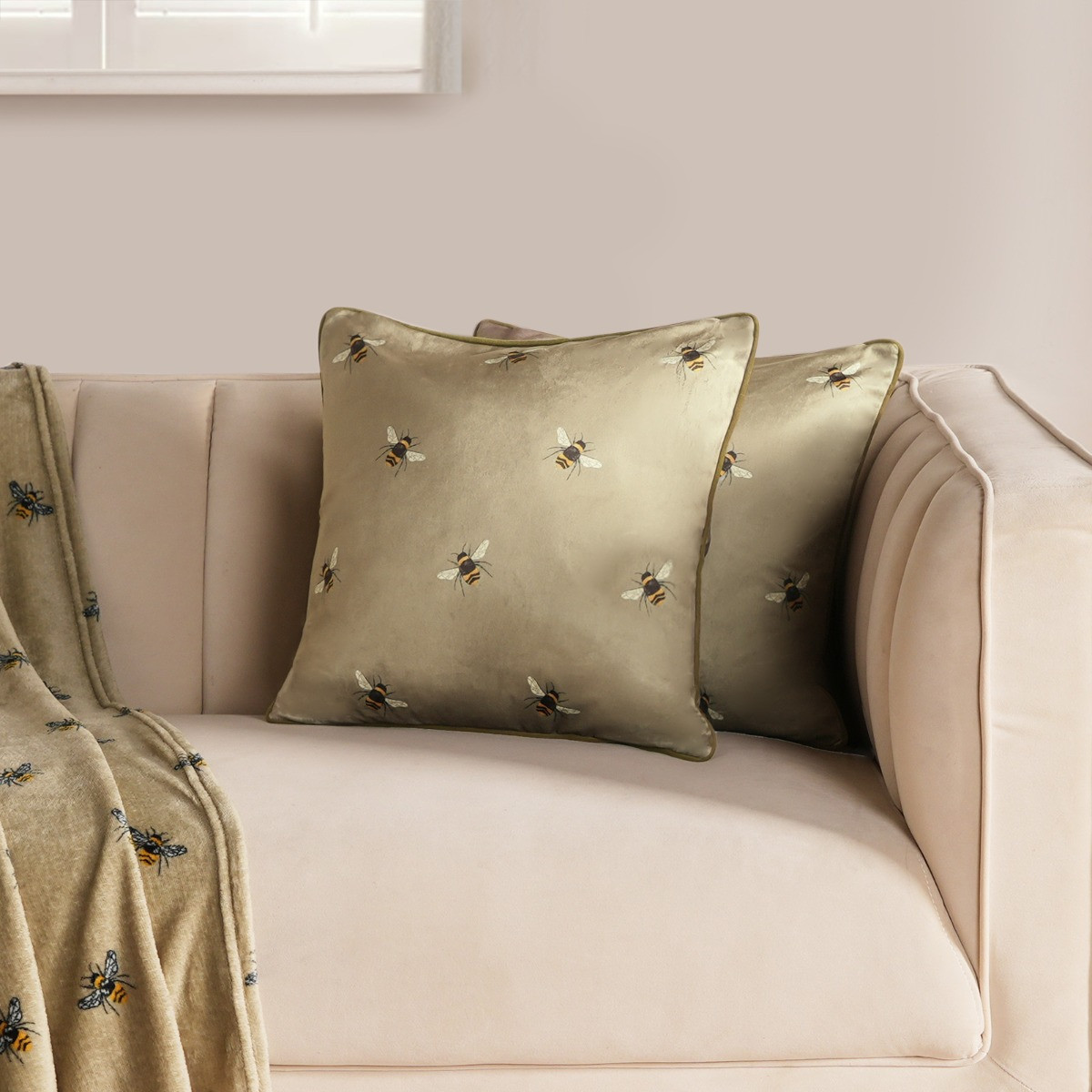 OHS Matte Velvet Bee Print Cushion Covers, Sage - 45 x 45cm >