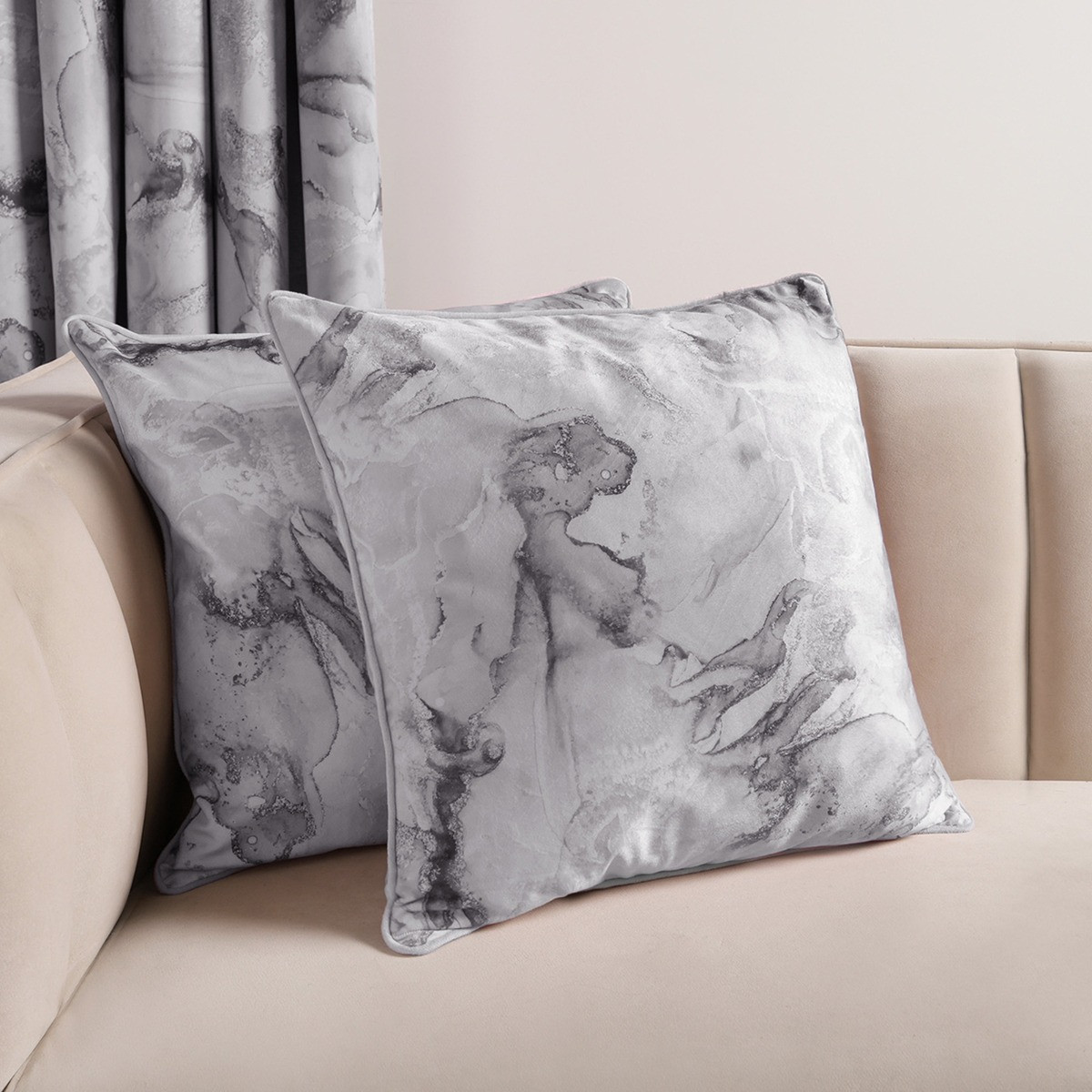 OHS Matte Velvet Marble Print Cushion Covers - Grey>