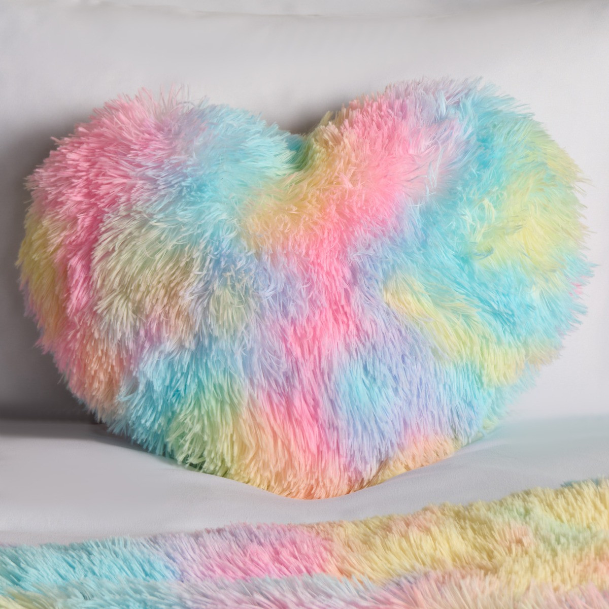 OHS Fluffy Tie Dye Heart Shaped Filled Cushion - Multi>