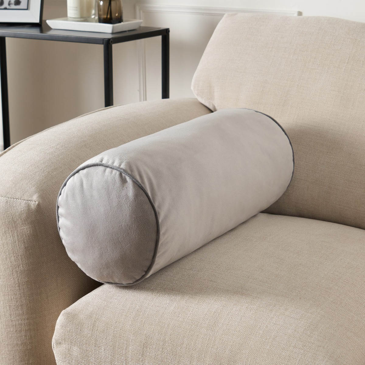 OHS Matte Velvet Bolster Cushion - Grey/Charcoal>