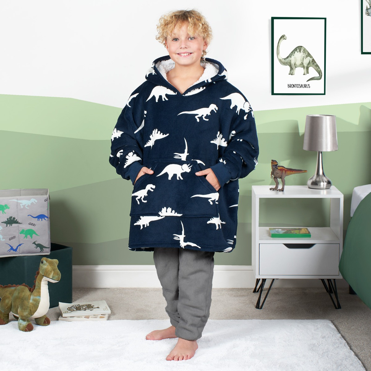 OHS Dino Print Hoodie Blanket, Kids - Navy>