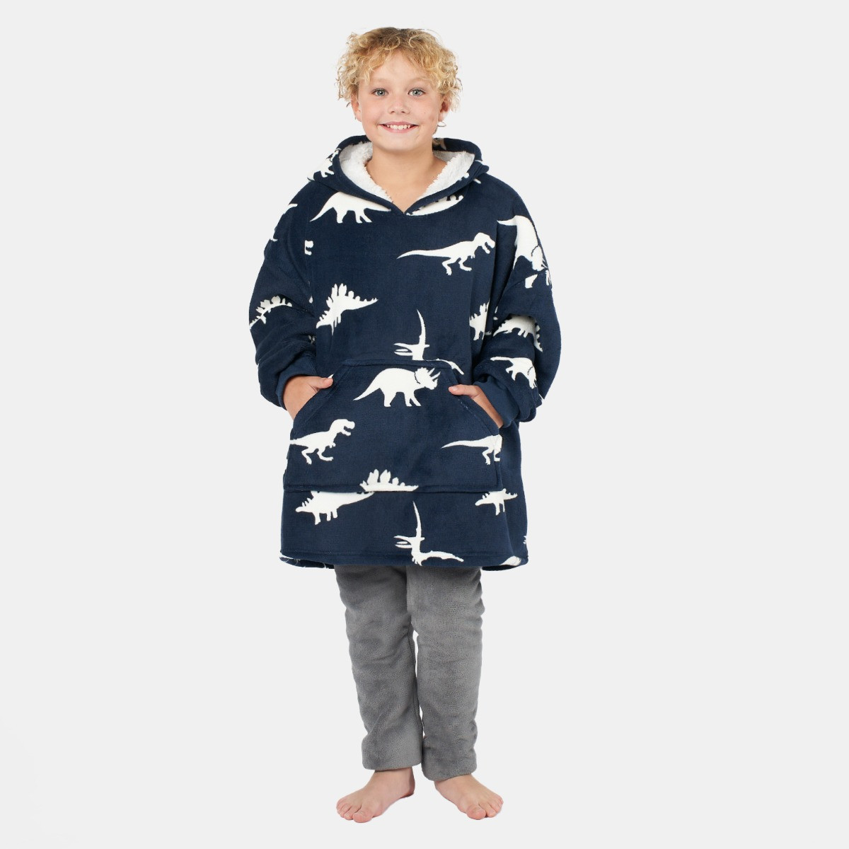 OHS Dino Print Hoodie Blanket, Kids - Navy>