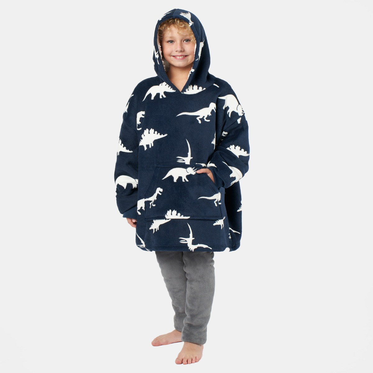 OHS Dino Print Hoodie Blanket, Kids - Navy>