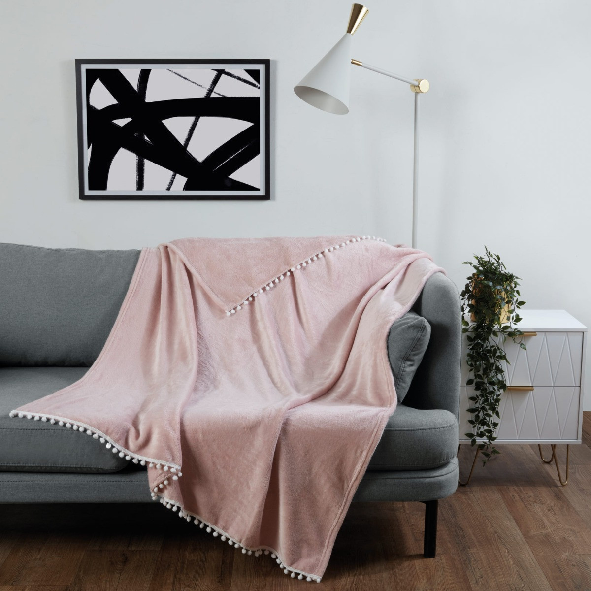 Dreamscene Flannel Fleece Pom Pom Throw - Blush>