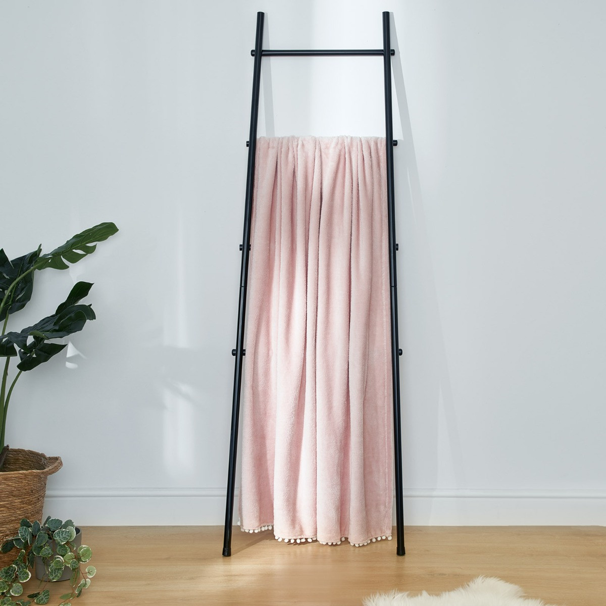 Dreamscene Flannel Fleece Pom Pom Throw - Blush>