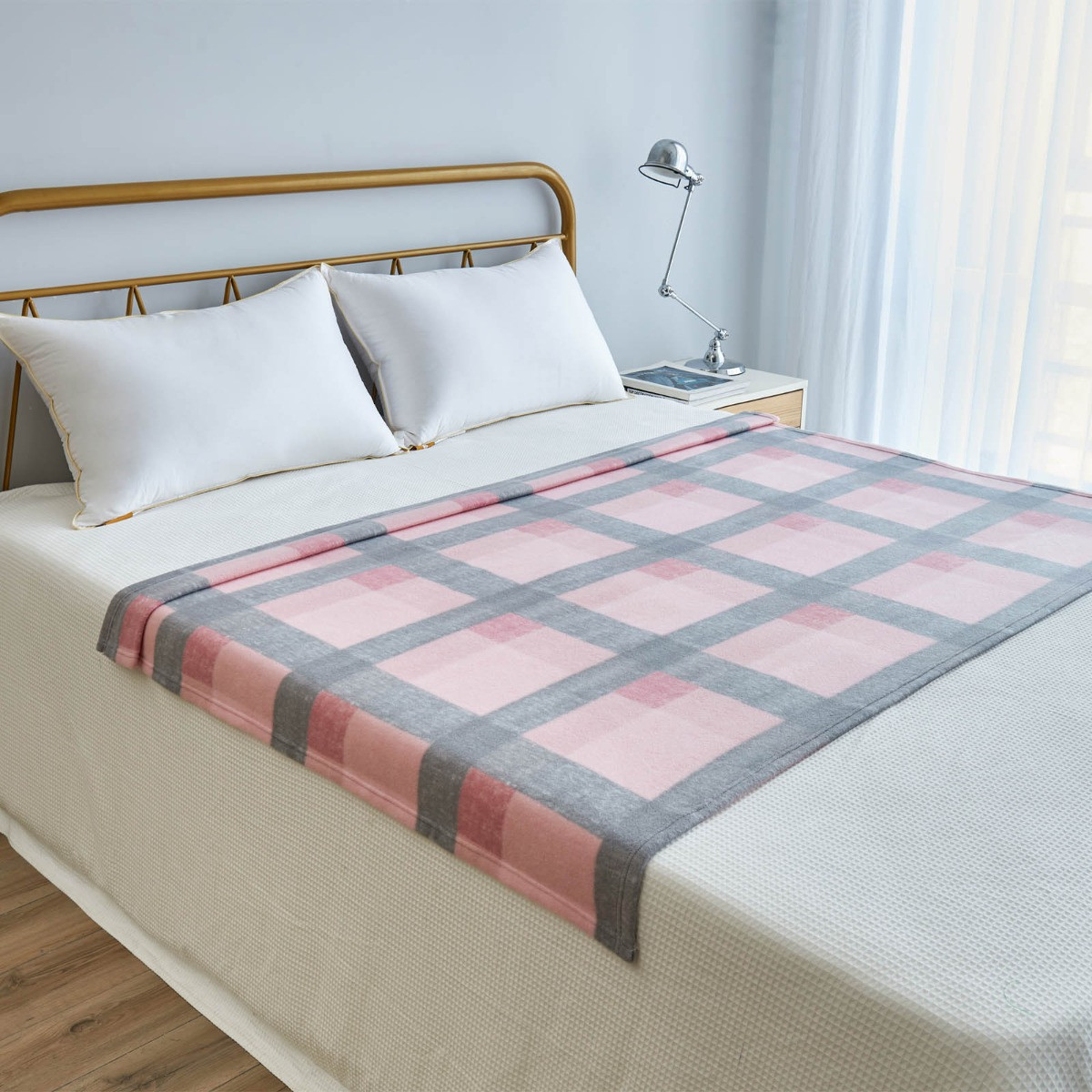 Dreamscene Tartan Check Fleece Throw - Blush Pink/Grey>