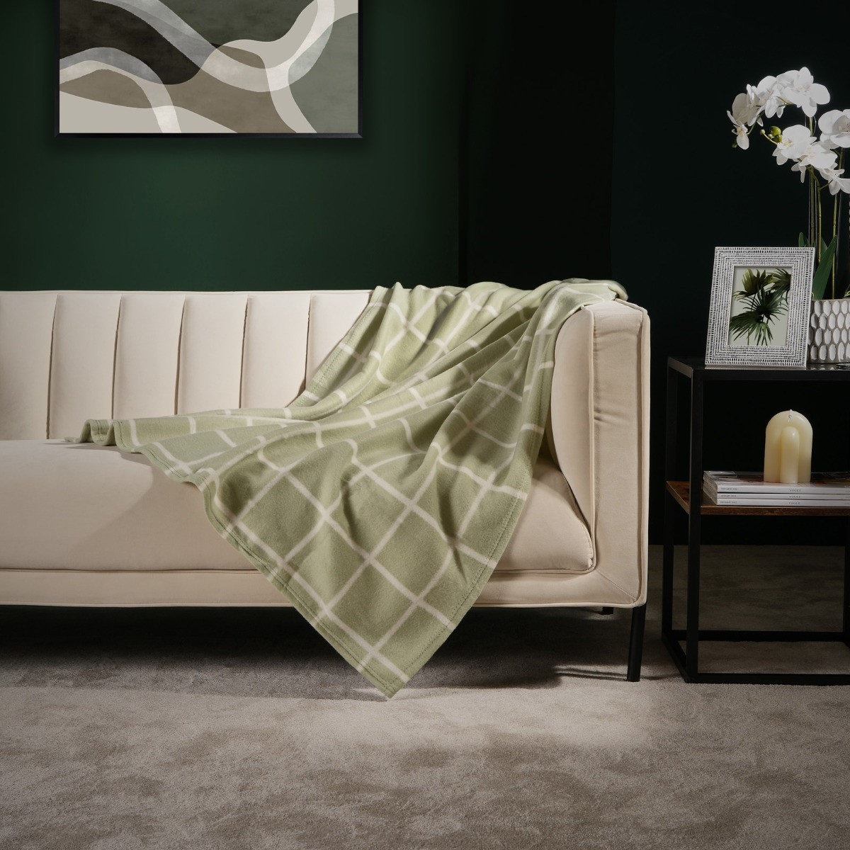 Dreamscene Check Fleece Throw - Sage Green>