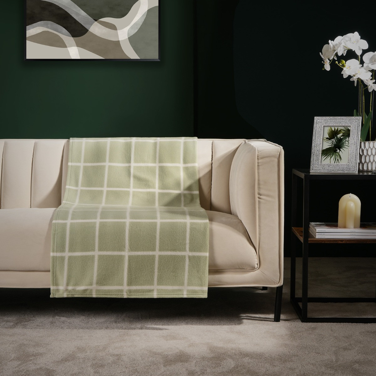 Dreamscene Check Fleece Throw - Sage Green>