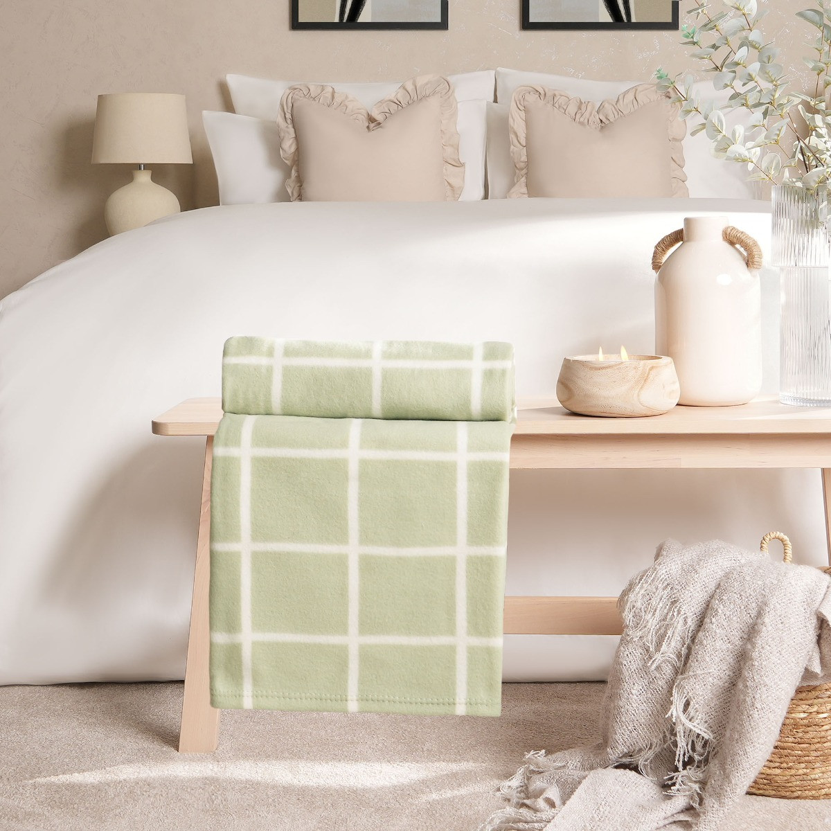 Dreamscene Check Fleece Throw - Sage Green>