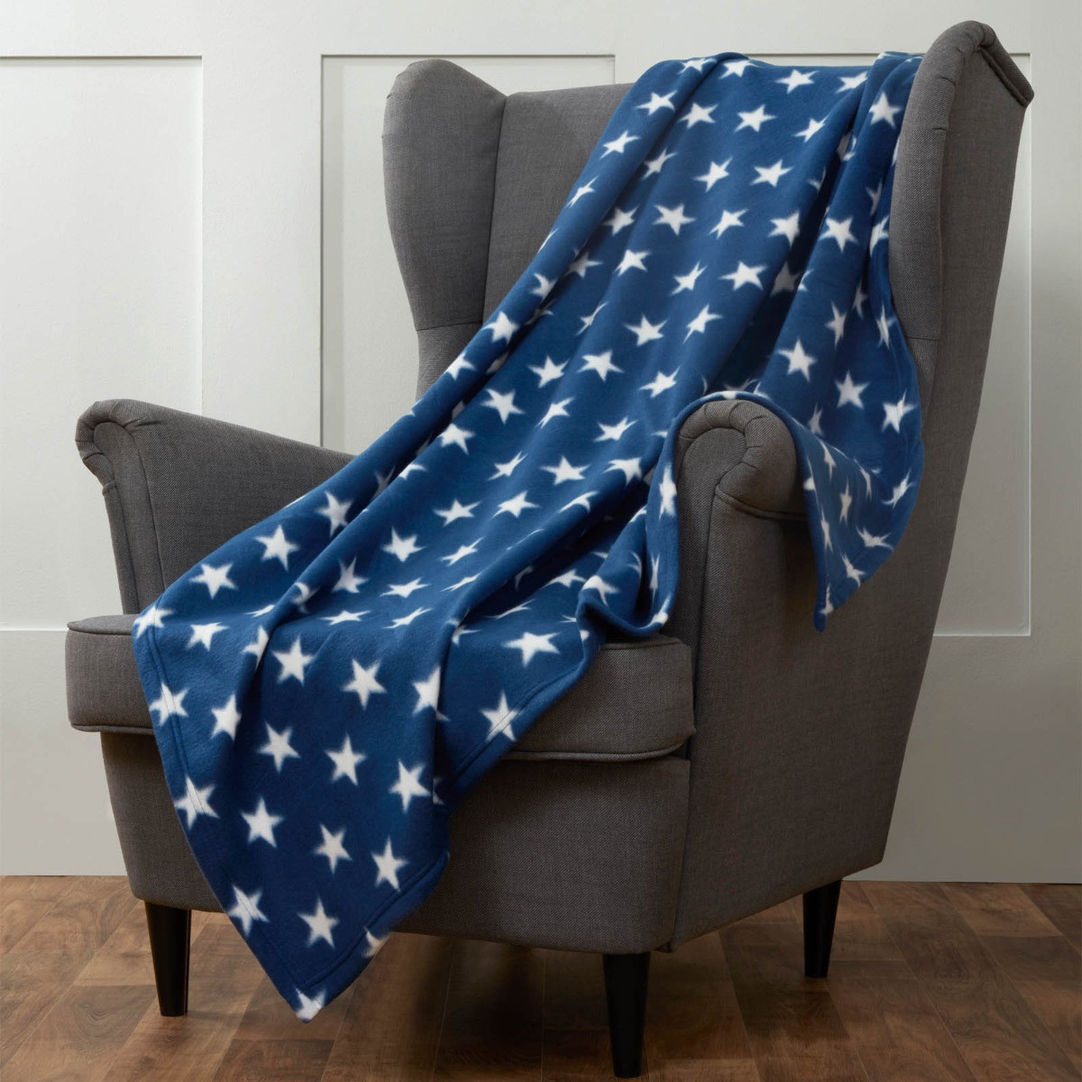 Dreamscene Star Print Fleece Throw, Navy - 200 x 240 cm>