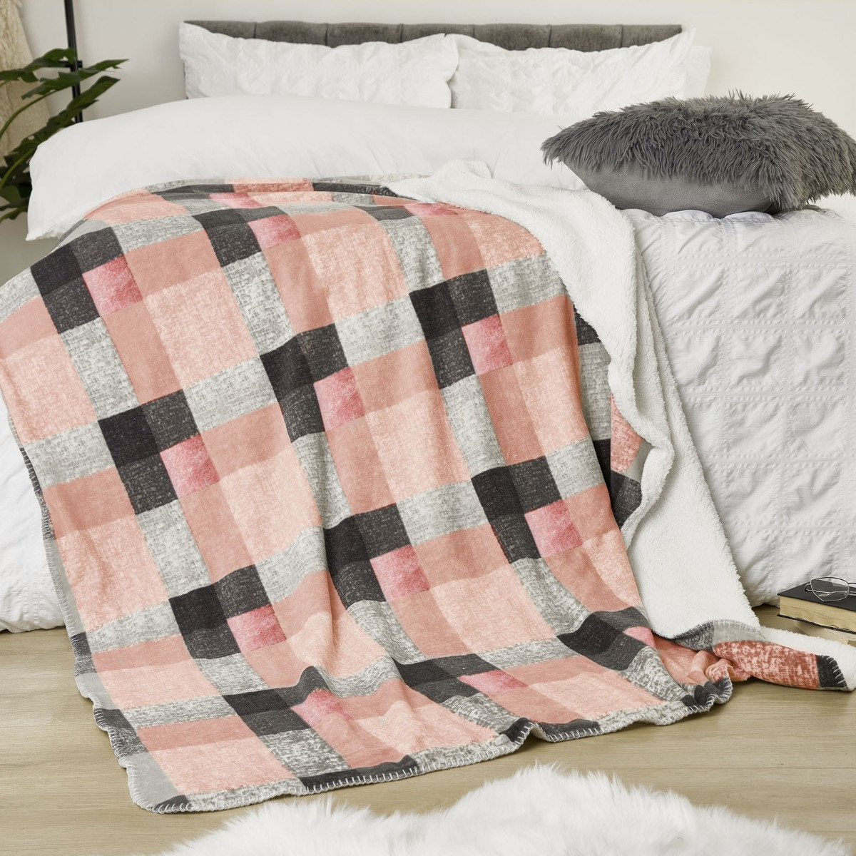 Dreamscene Tartan Check Fleece Throw, 150 x 180cm - Blush>