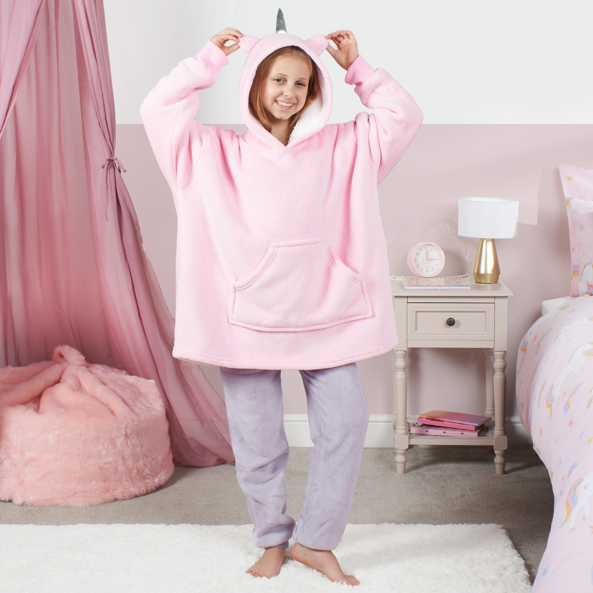 Dreamscene Unicorn Print Hoodie Blanket, Kids - Pink>