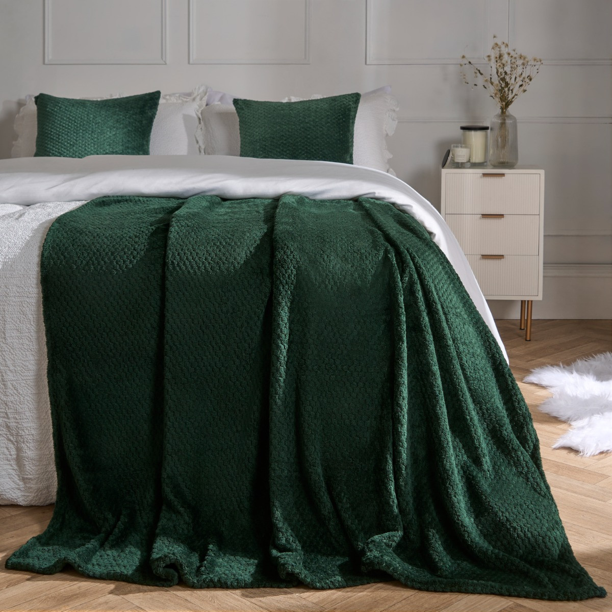 Dreamscene Waffle Mink Throw, Forest Green - 200 x 240cm>