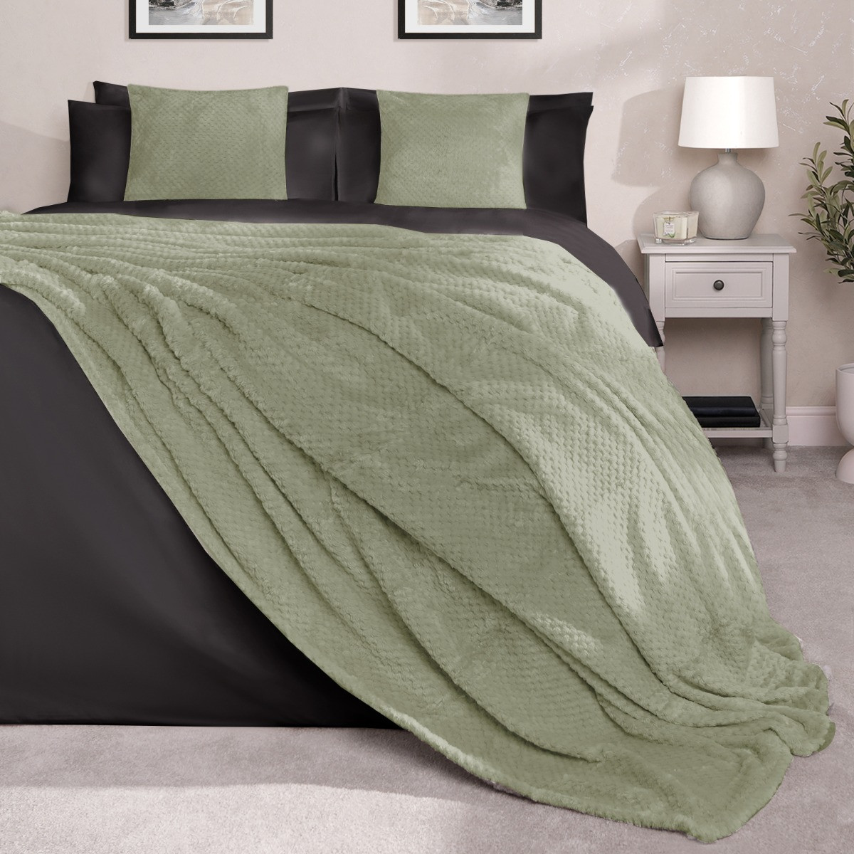 Dreamscene Waffle Mink Throw, Sage - 125 x 150cm>