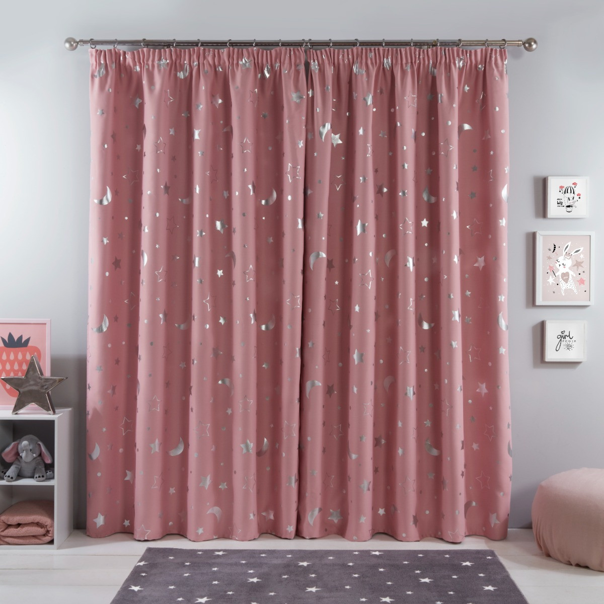 Dreamscene Galaxy Star Blackout Pencil Pleat Curtains, Blush Pink - 66" x 54">