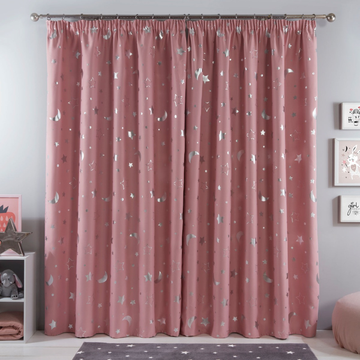 Dreamscene Galaxy Star Blackout Pencil Pleat Curtains, Blush Pink - 66" x 72">