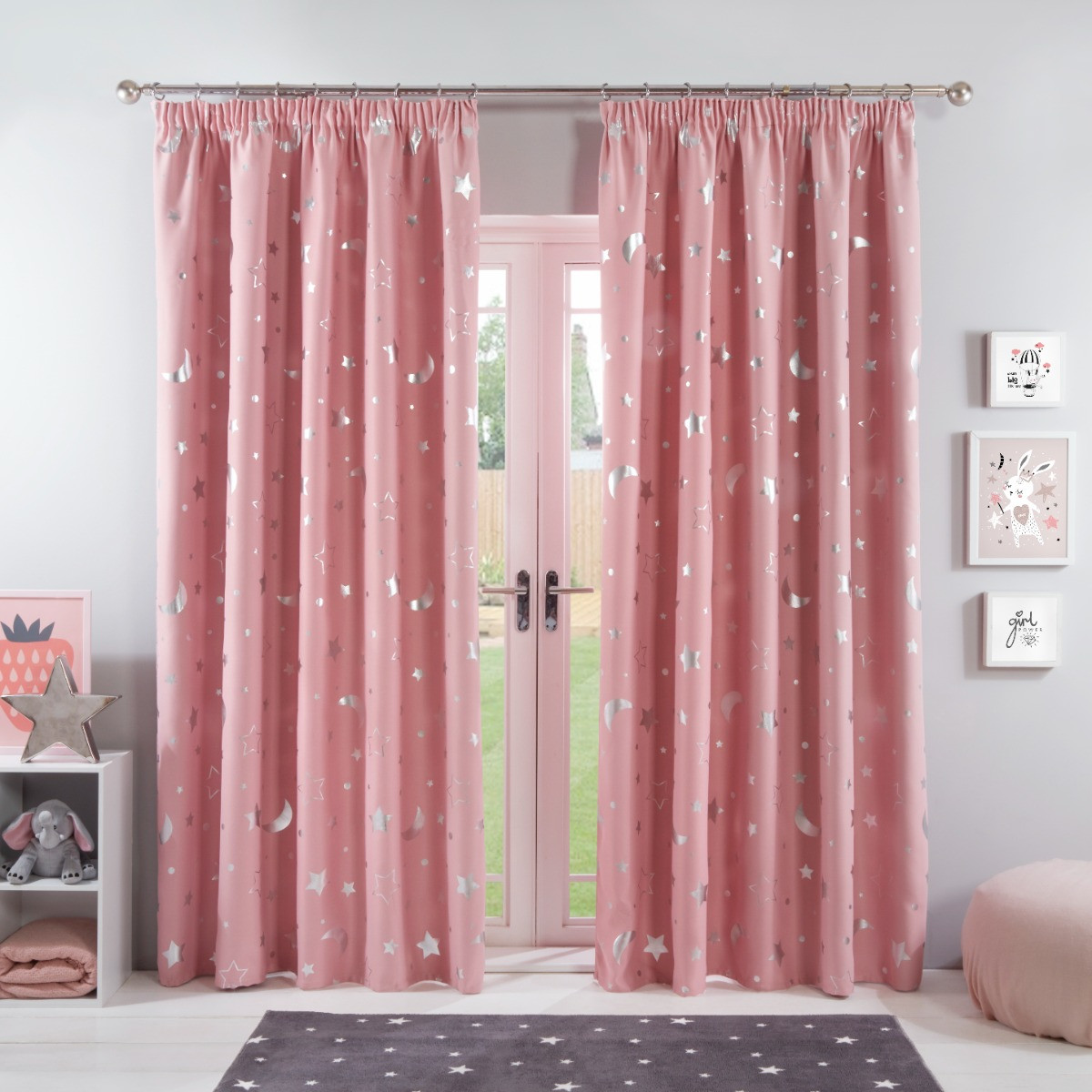 Dreamscene Galaxy Star Blackout Pencil Pleat Curtains, Blush Pink - 66" x 54">