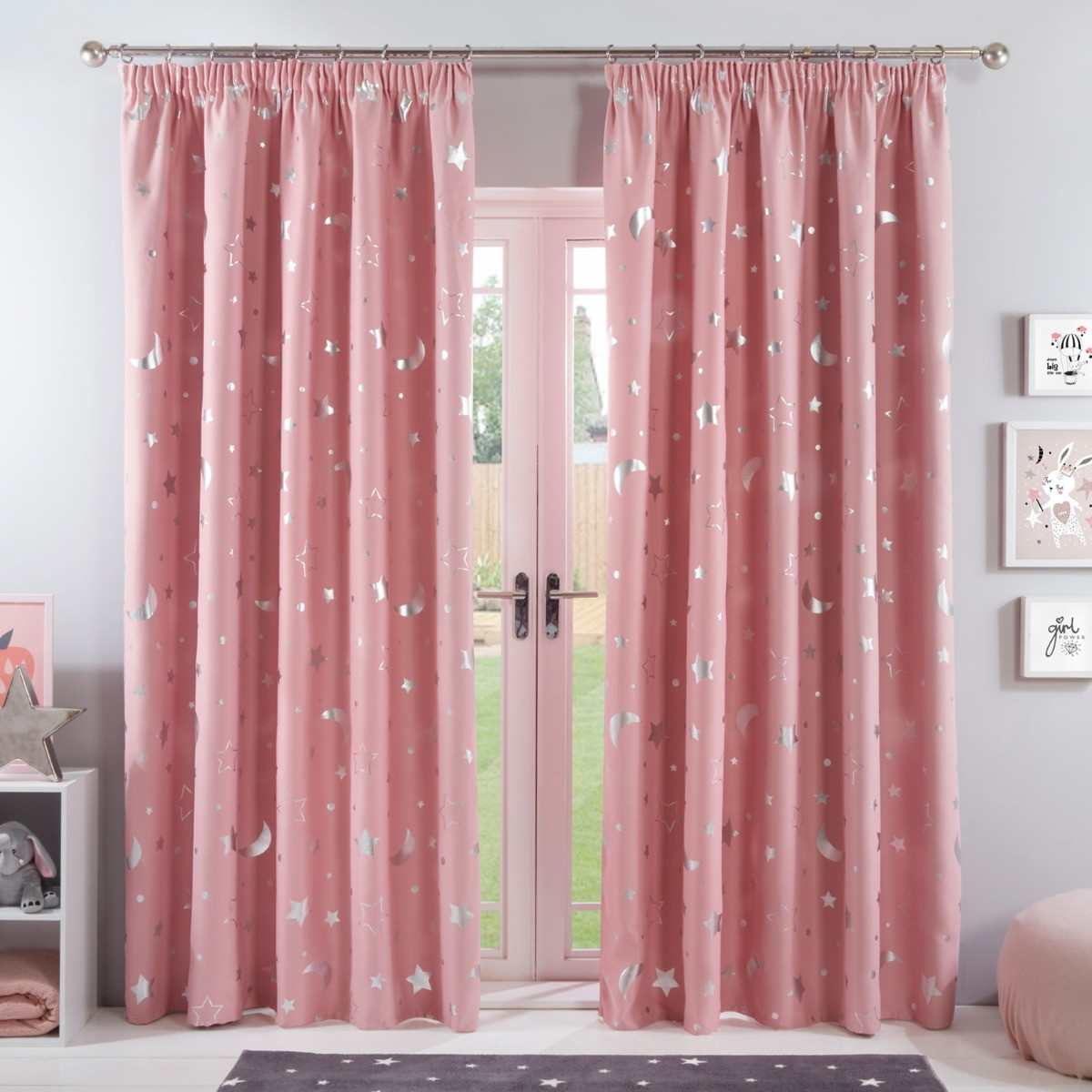 Dreamscene Galaxy Star Blackout Pencil Pleat Curtains, Blush Pink - 66" x 72">