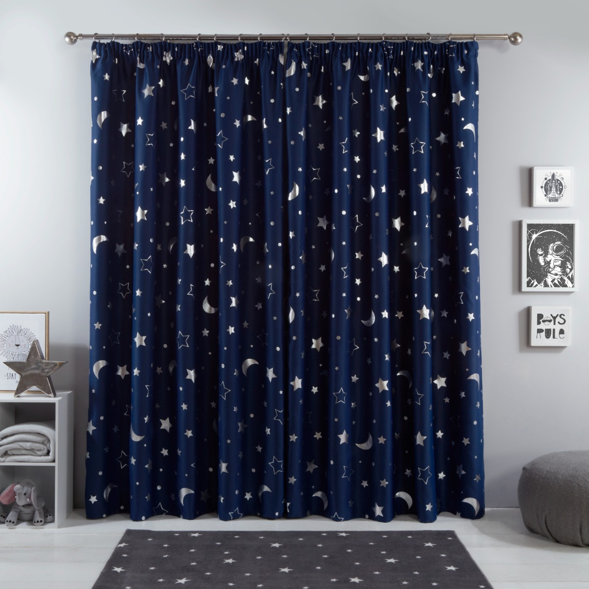 Dreamscene Galaxy Star Blackout Pencil Pleat Curtains, Navy Blue - 66" x 54">