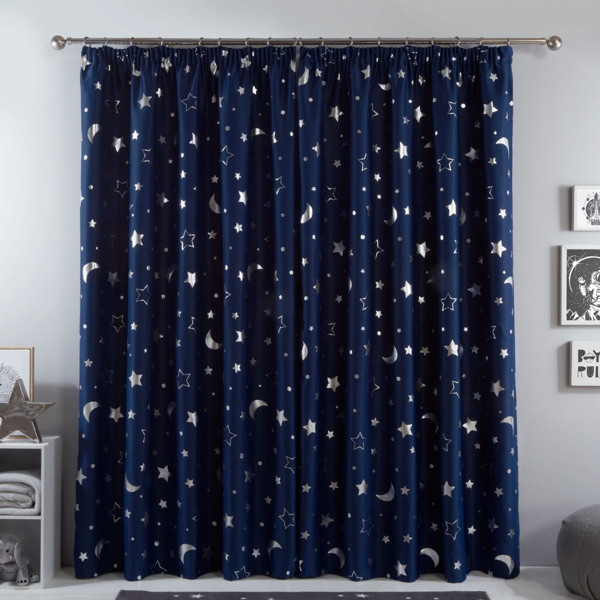 Dreamscene Galaxy Star Blackout Pencil Pleat Curtains, Navy Blue - 66" x 72">