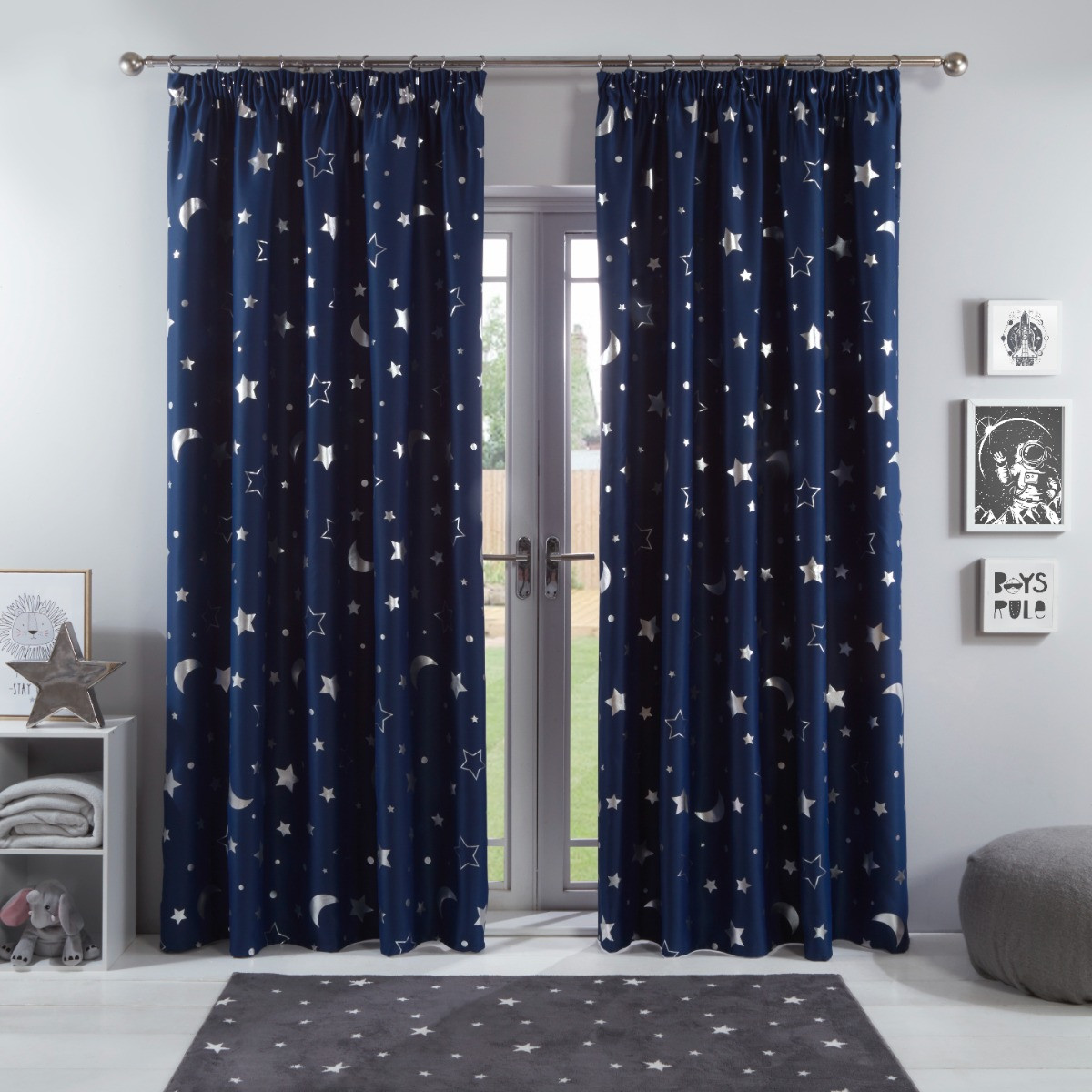 Dreamscene Galaxy Star Blackout Pencil Pleat Curtains, Navy Blue - 66" x 54">