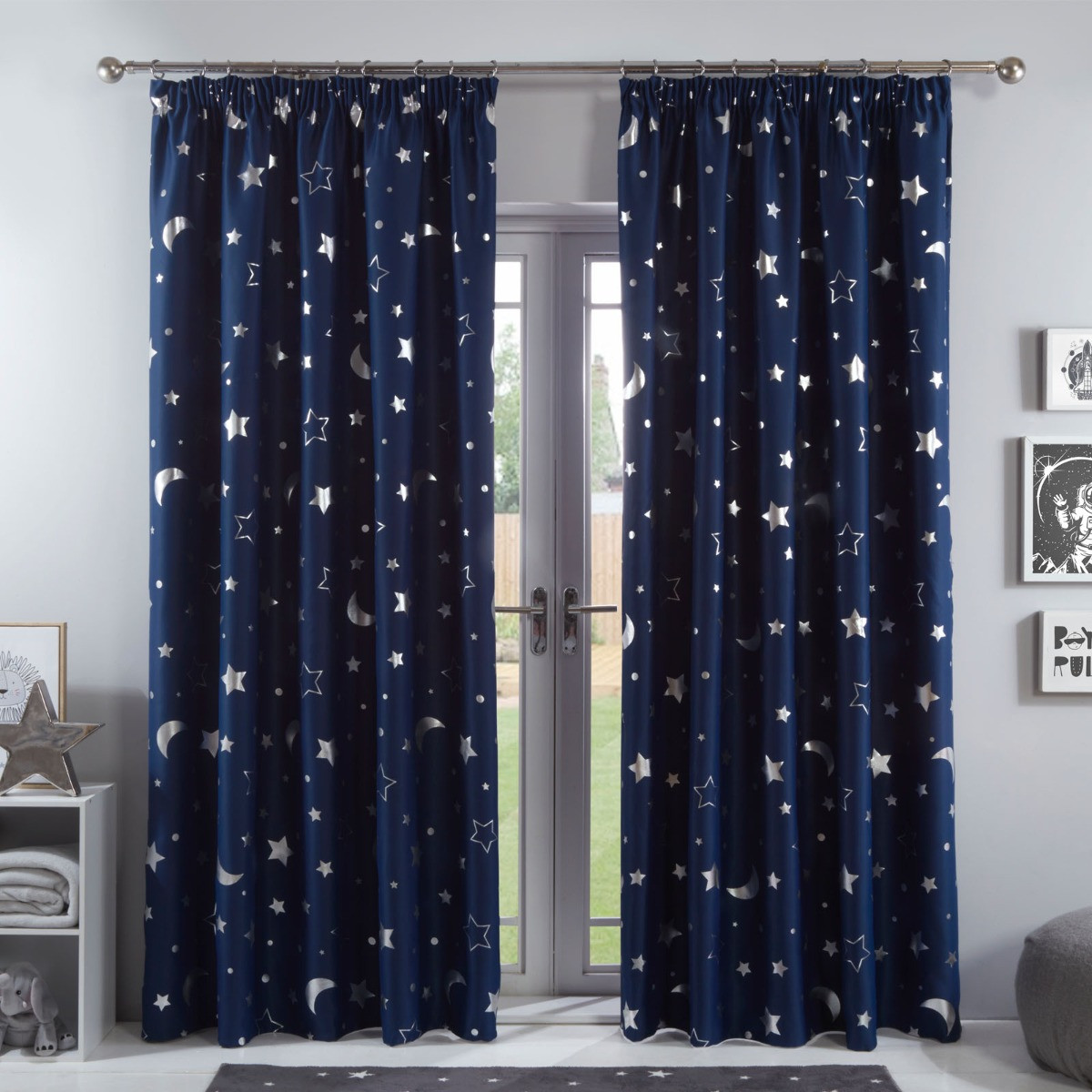 Dreamscene Galaxy Star Blackout Pencil Pleat Curtains, Navy Blue - 46" x 72">