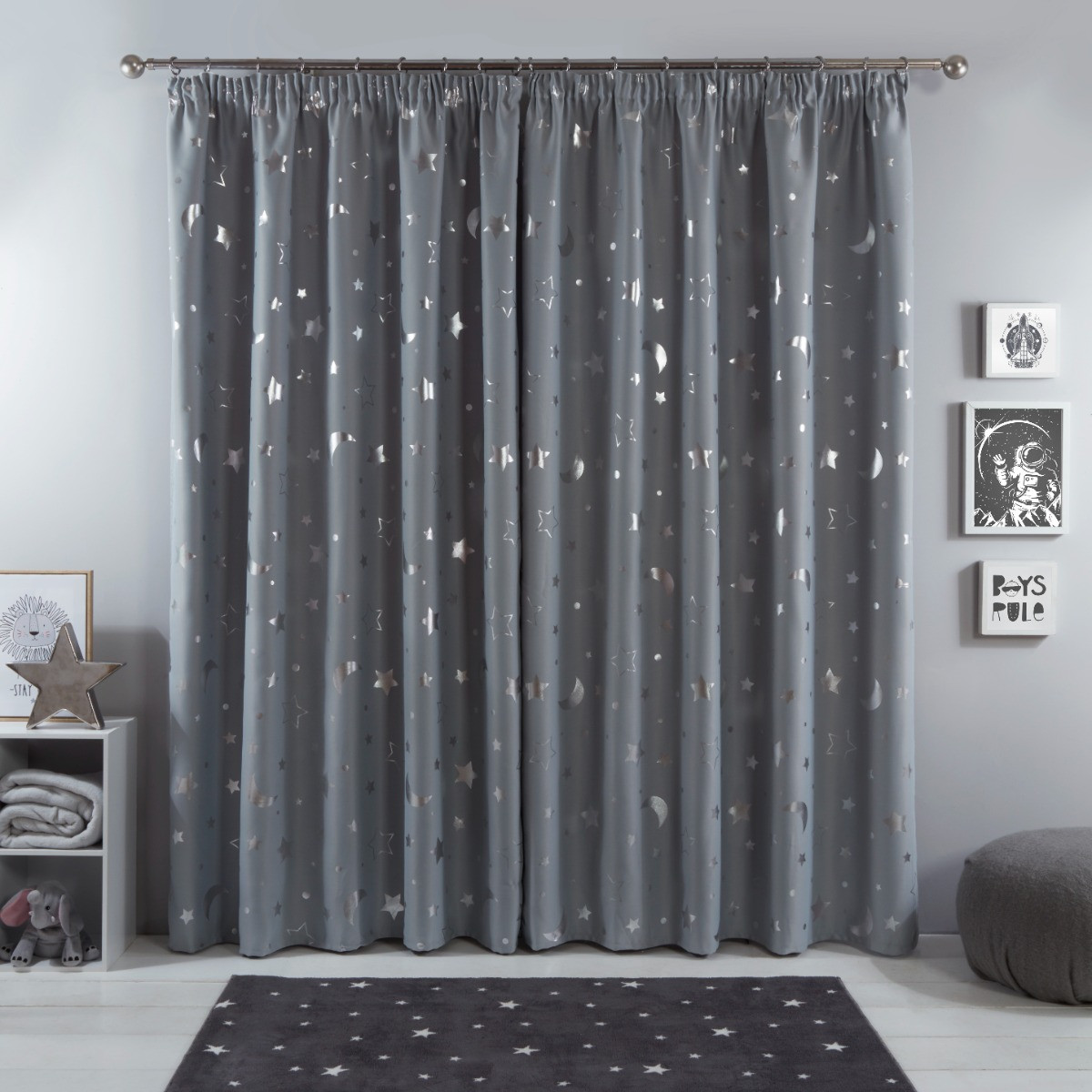 Dreamscene Galaxy Star Blackout Pencil Pleat Curtains, Silver Grey - 66" x 54">