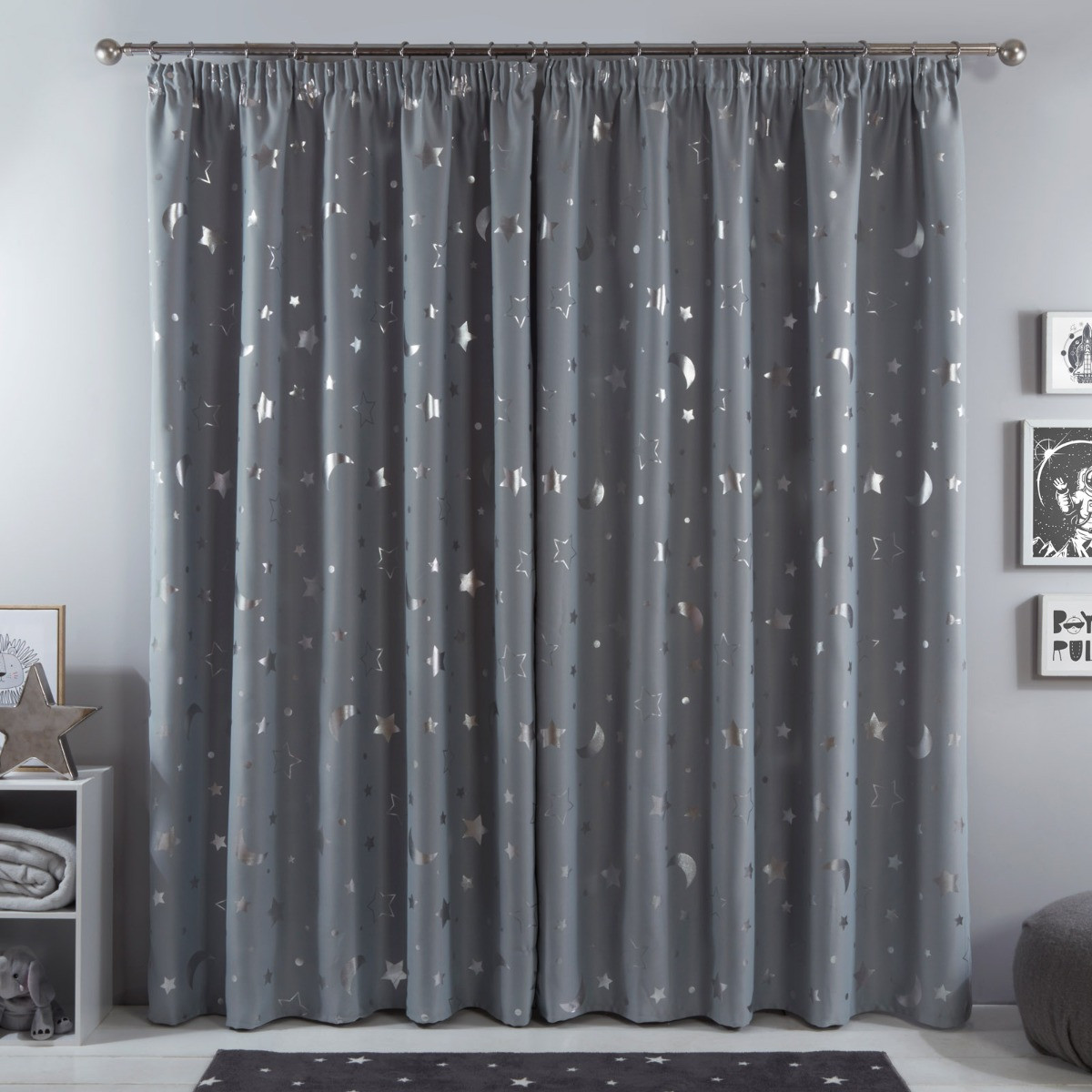 Dreamscene Galaxy Star Blackout Pencil Pleat Curtains, Silver Grey - 46" x 72">