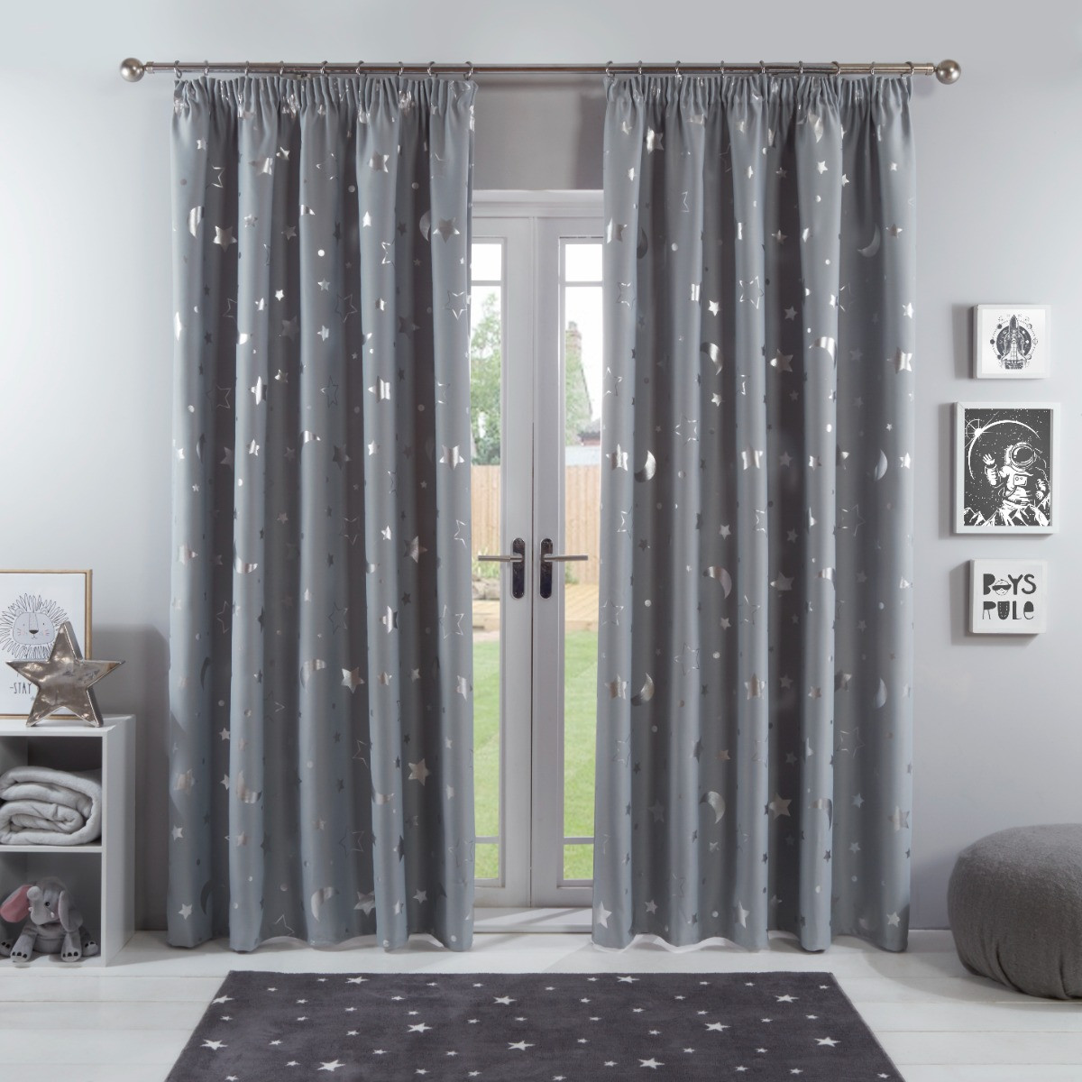 Dreamscene Galaxy Star Blackout Pencil Pleat Curtains, Silver Grey - 66" x 54">