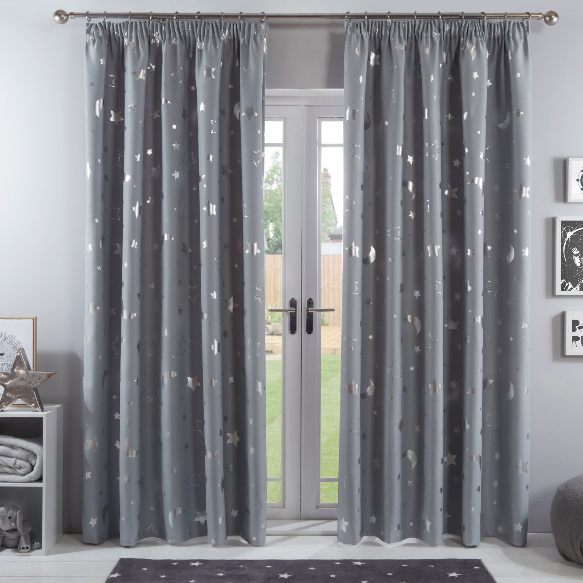 Dreamscene Galaxy Star Blackout Pencil Pleat Curtains, Silver Grey - 46" x 54">