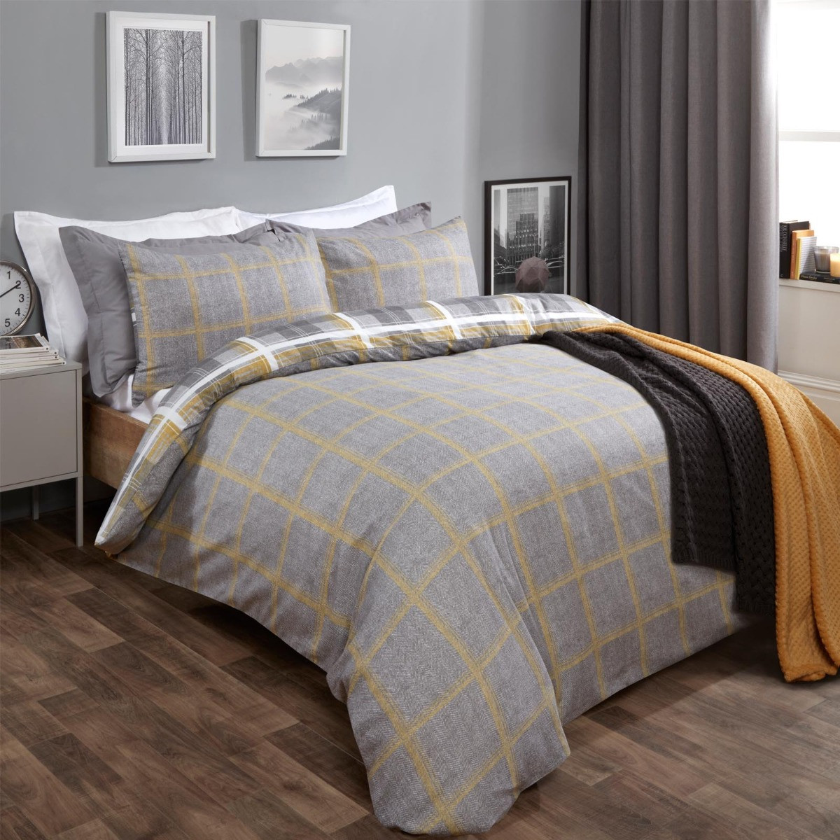 Dreamscene Denim Check Duvet Cover Set, Grey/Ochre - King>