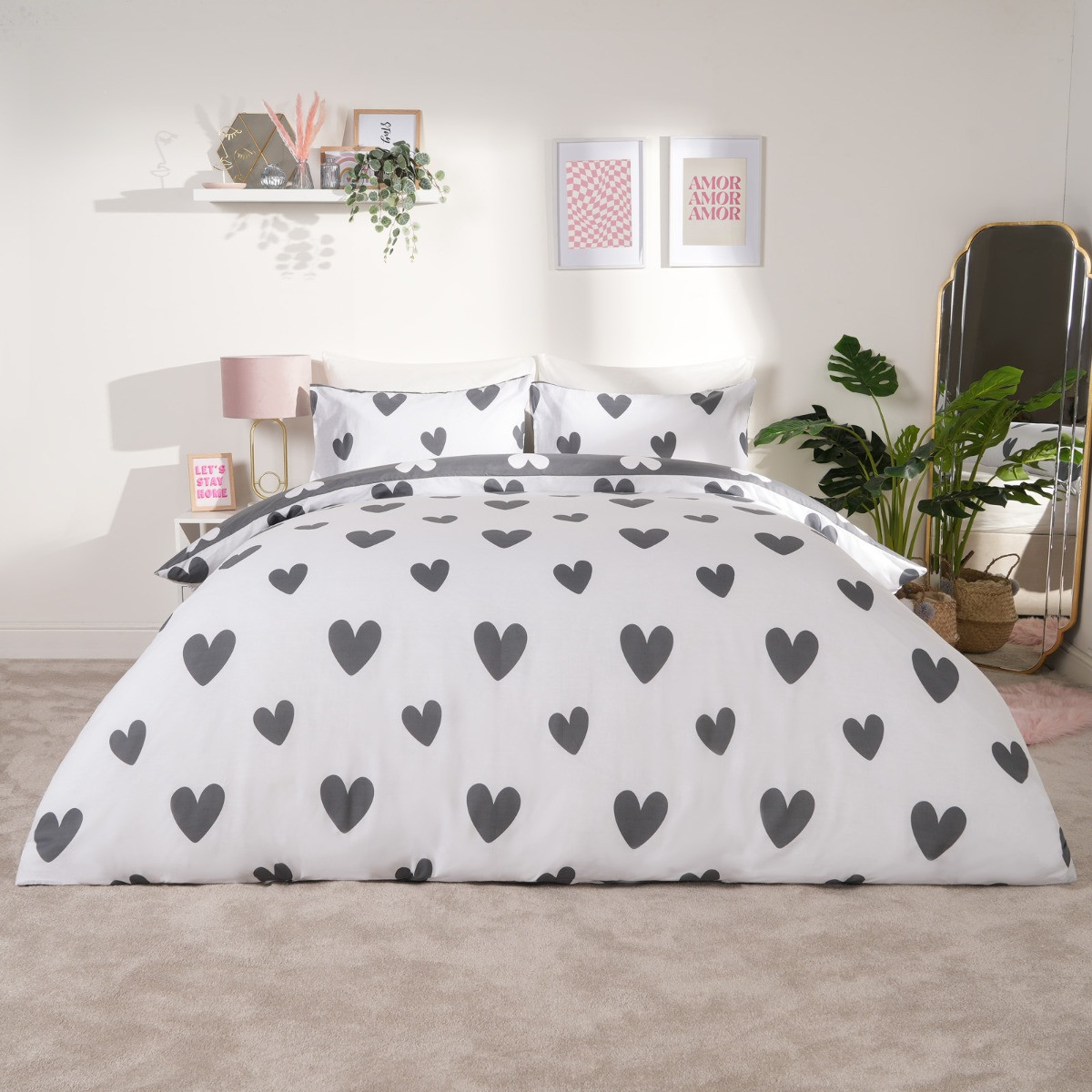 Dreamscene Heart Print Duvet Cover Set, Charcoal - King>