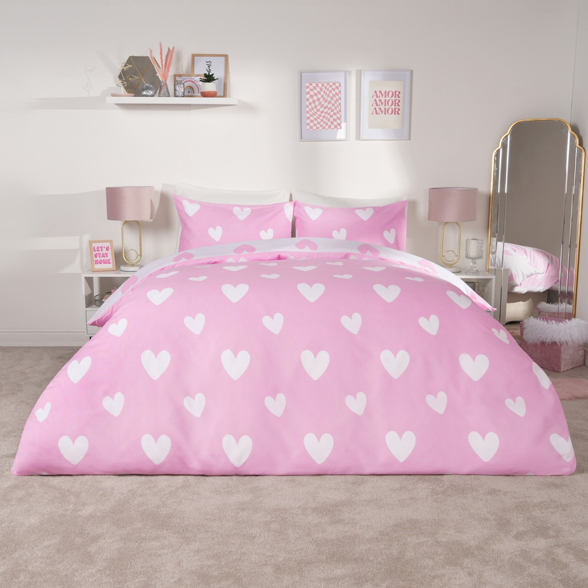 Dreamscene Heart Print Duvet Cover Set, Pink - Double>