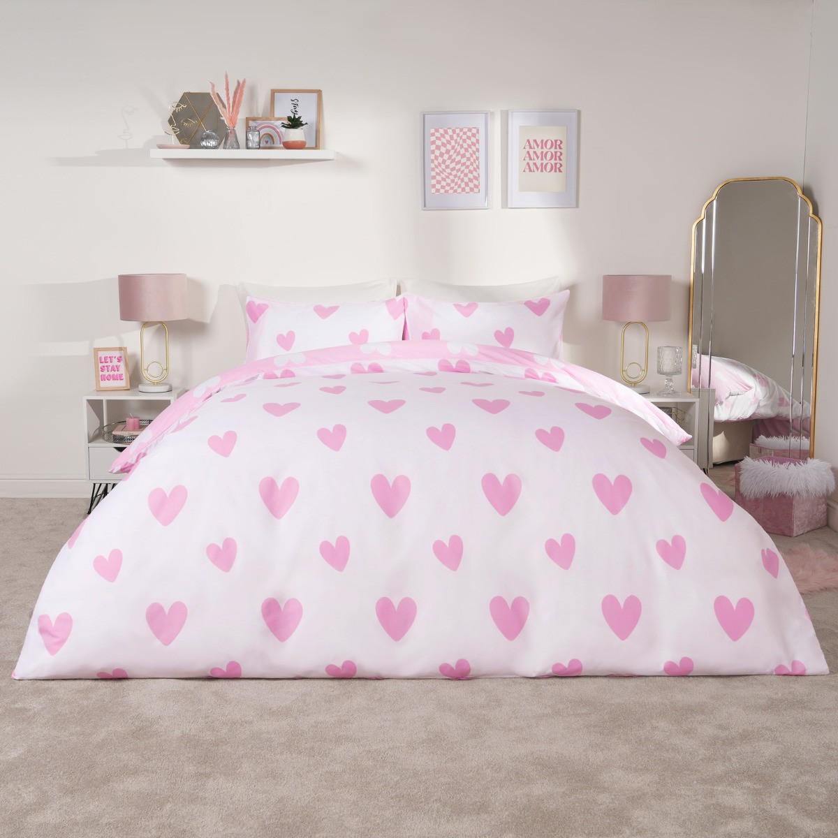 Dreamscene Heart Print Duvet Cover Set - Pink>