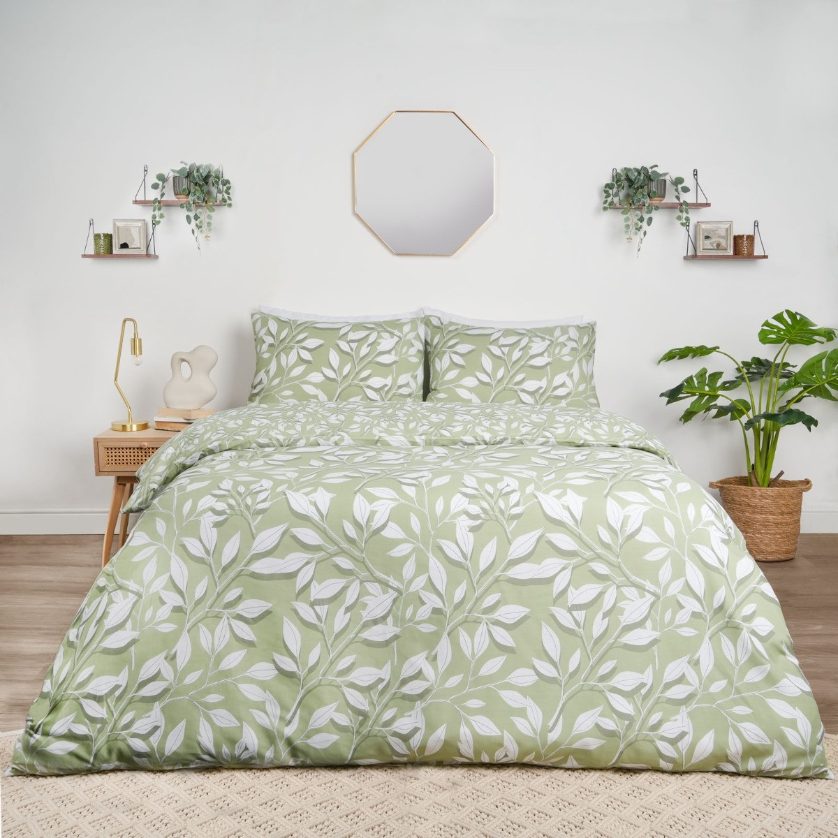 Dreamscene Leaf Print Duvet Set, Sage - Single>