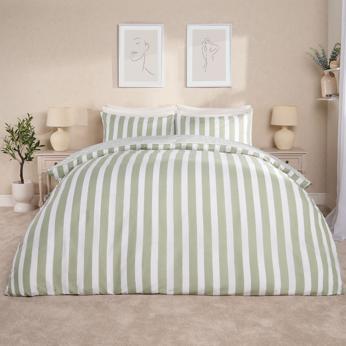 Dreamscene Striped Duvet Cover Set, Sage - Single>